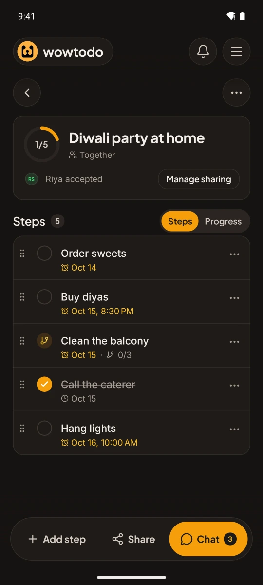 A request turned into a plan with steps, dates and a group